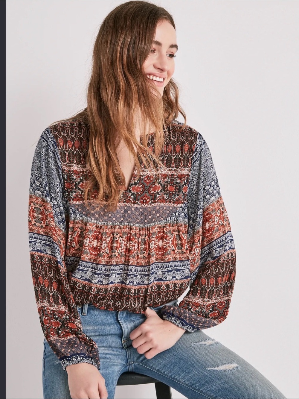 Lucky brand printed peasant top size medium
